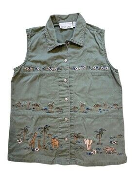Casey & Max Embroidered Olive Vintage Safari Button Sleeveless Vest Shirt Sm